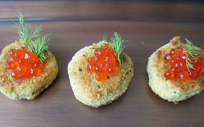 Dill Horseradish Potato Croquettes with Salmon Roe are the perfect replacement for gefilte fish. (Shannon Sarna/JTA)