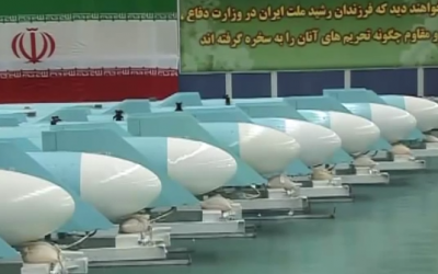 A line of Iranian Qadir anti-ship cruise missiles, first revealed in 2011. (screen capture: YouTube/PressTV)