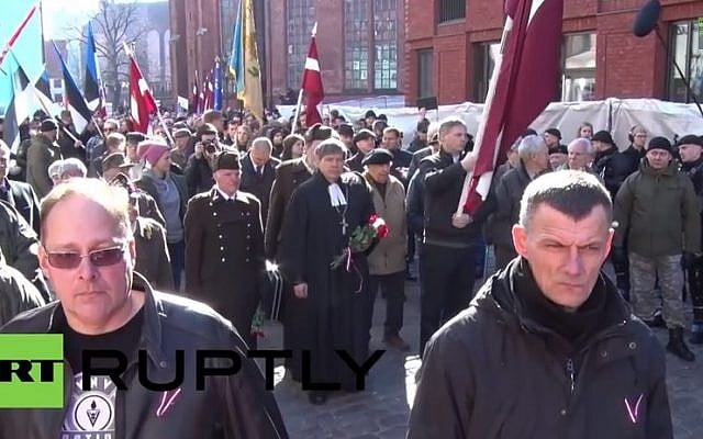 Latvian veterans who fought on Nazi Germany's side against the Soviets in World War II stage a controversial march in Riga, Latvia on March 16, 2015 (photo credit: YouTube screenshot) Latvian veterans who fought on Nazi Germany's side against the Soviets in World War II stage a controversial march in Riga, Latvia on March 16, 2015 (photo credit: YouTube screenshot)