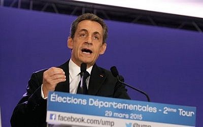 Former French president and conservative party UMP leader Nicolas Sarkozy gives a speech following the final round of French local elections, in Paris, France, March 29, 2015. (AP Photo/Thibault Camus)