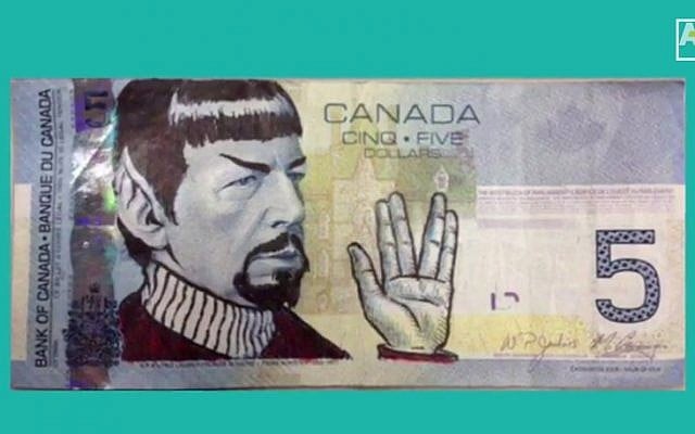 A "spocked" $5 bill (photo credit: YouTube screenshot)