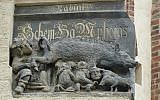 This carving on the facade of Martin Luther's church in Wittenberg, Germany shows Jews suckling at a sow's teat. (Toni L. Kamins/JTA)
