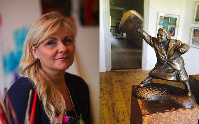 The artist Susanna Arwin with a bronze model of Danuta Danielsson hitting a neo-Nazi with her purse. The town council of Växjö has officially denied her bid to put up the sculpture, saying it glorified violence. (Photo credit: courtesy of the artist) The artist Susanna Arwin with a bronze model of Danuta Danielsson hitting a neo-Nazi with her purse. The town council of Växjö has officially denied her bid to put up the sculpture, saying it glorified violence. (Photo credit: courtesy of the artist)