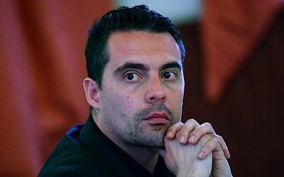 Chairman of the far-right parliamentary JOBBIK (Better) party, Gabor Vona, talks about the party program in Ajka, Hungary, April 9 2015. (photo credit: AFP/ATTILA KISBENEDEK)