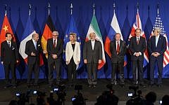 Representatives from world powers and Iran posing prior to the announcement of an agreement on Iran nuclear talks in Lausanne, Switzerland, April 2, 2015. (Fabrice Coffrini/AFP)
