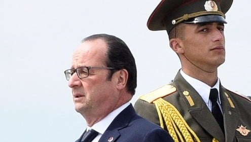 French President Francois Hollande arrives to attend a commemoration ceremony for the 100th anniversary of the Armenian genocide at the Tsitsernakaberd Memorial in Yerevan, Armenia on April 24, 2015 (Photo credit: Karen Minasyan/AFP) French President Francois Hollande arrives to attend a commemoration ceremony for the 100th anniversary of the Armenian genocide at the Tsitsernakaberd Memorial in Yerevan, Armenia on April 24, 2015 (Photo credit: Karen Minasyan/AFP)