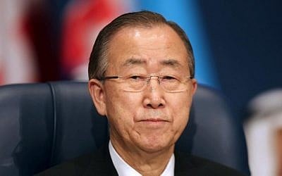 United Nations Secretary-General Ban Ki-moon attends the opening ceremony of the Second International Humanitarian Pledging Conference for Syria, at Bayan palace in Kuwait City, on March 31,2015. (Photo credit: AFP/ STR)