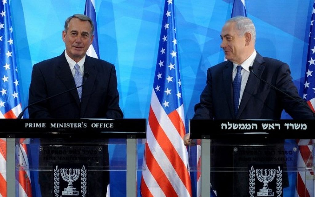 File: US House Speaker John Boehner, left, and Prime Minister Benjamin Netanyahu hold a press conference at the prime minister's office in Jerusalem on April 1, 2015. (Debbie Hill/AFP) File: US House Speaker John Boehner, left, and Prime Minister Benjamin Netanyahu hold a press conference at the prime minister's office in Jerusalem on April 1, 2015. (Debbie Hill/AFP)