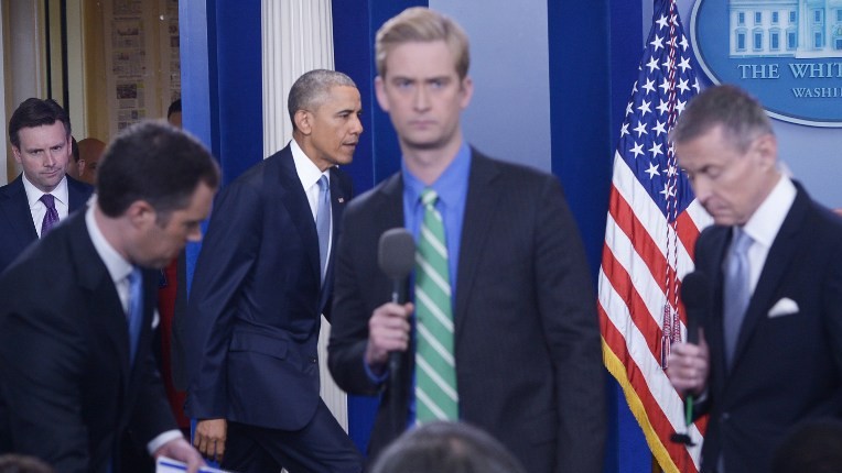 US President Barack Obama arrives on stage in the the Brady Briefing Room of the White House on April 23, 2015 in Washington, DC. The White House admitted Thursday that a January US operation against an Al Qaeda compound near the Afghan-Pakistan border killed one American and one Italian hostage, along with an American member of the jihadist group. (Photo credit: Mandel Ngan/AFP) US President Barack Obama arrives on stage in the the Brady Briefing Room of the White House on April 23, 2015 in Washington, DC. The White House admitted Thursday that a January US operation against an Al Qaeda compound near the Afghan-Pakistan border killed one American and one Italian hostage, along with an American member of the jihadist group. (Photo credit: Mandel Ngan/AFP)