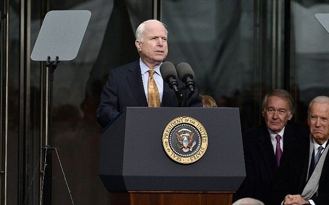 US Senator John McCain speaks at the dedication ceremony of the Edward M. Kennedy Institute for the United States Senate in Boston, Massachusetts, on March 30, 2015. (Paul Marotta/Getty Images/AFP)