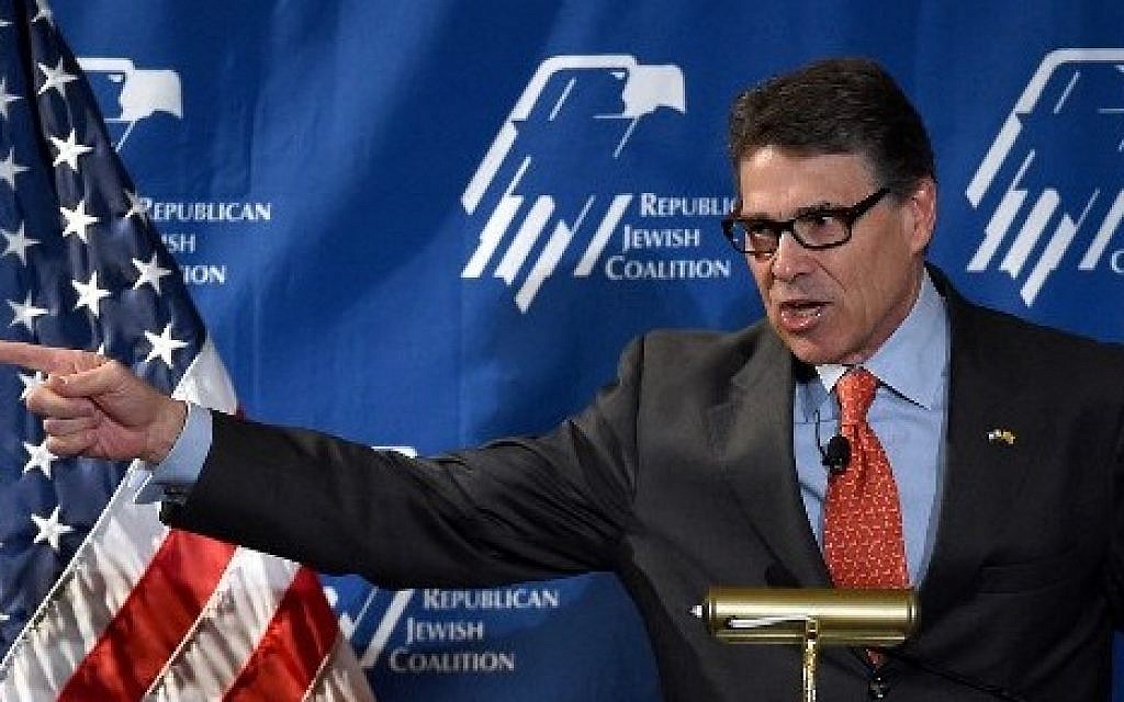 Former Texas Governor Rick Perry speaks during the Republican Jewish Coalition spring leadership meeting, April 25, 2015. (Ethan Miller/Getty Images/AFP)