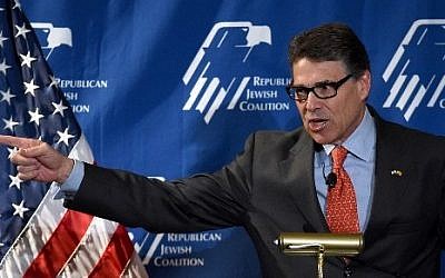 Former Texas Governor Rick Perry speaks during the Republican Jewish Coalition spring leadership meeting, April 25, 2015. (Ethan Miller/Getty Images/AFP)