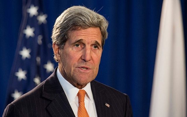 U.S. Secretary of State John Kerry attends a press conference announcing a reconfirmation and revision to the "Guidelines for U.S.-Japan Defense Cooperation," created by the U.S.-Japan Security Consultative Committee on April 27, 2015. (photo credit: Andrew Burton/Getty Images/AFP) U.S. Secretary of State John Kerry attends a press conference announcing a reconfirmation and revision to the "Guidelines for U.S.-Japan Defense Cooperation," created by the U.S.-Japan Security Consultative Committee on April 27, 2015. (photo credit: Andrew Burton/Getty Images/AFP)