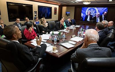 Illustrative: Then US President Barack Obama and Vice President Joe Biden with members of the national security team participate in a secure video teleconference from the Situation Room of the White House with Secretary of State John Kerry, Secretary of Energy Ernest Moniz and the US negotiating team in Lausanne, Switzerland, to discuss the P5+1 negotiations with Iran, March 31, 2015. (White House/Pete Souza)
