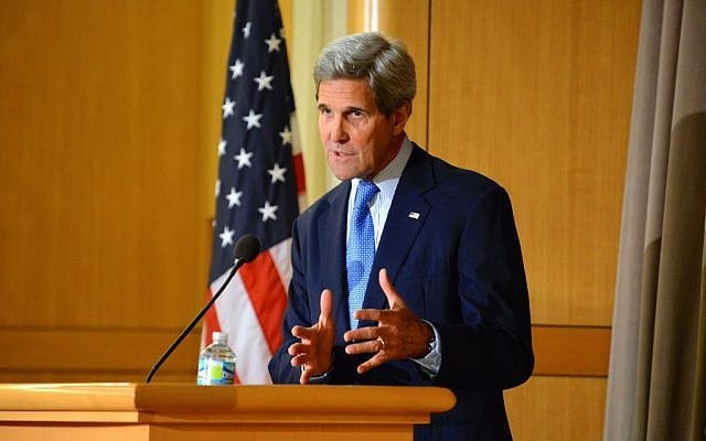 John Kerry speaking Thursday April 9, 2015. (photo credit: US State Department)