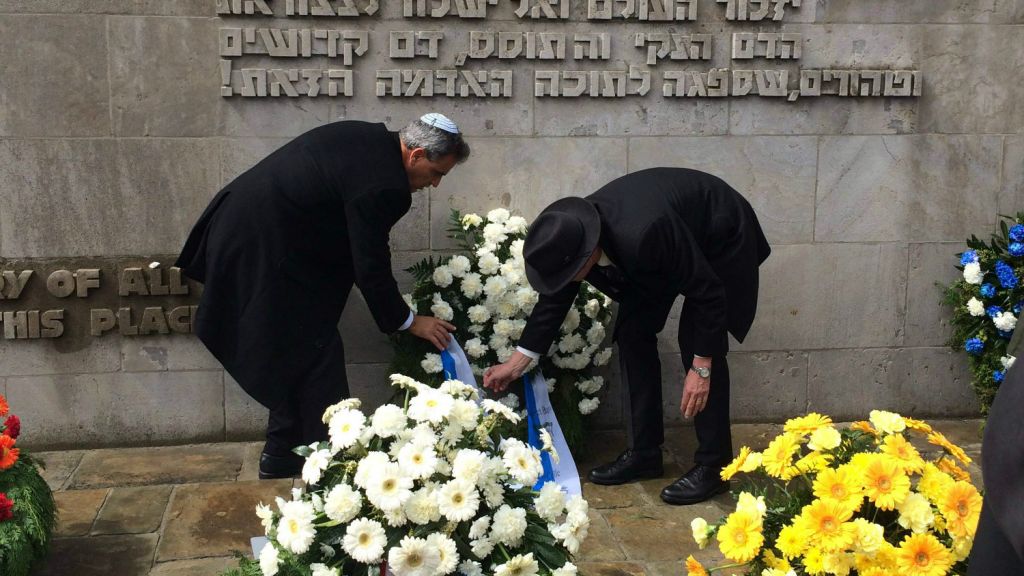 3memorial A wreath is laid during the memorial ceremony at the site of the Bergen-Belsen concentration camp. (Photo credit: Renee Ghert-Zand)