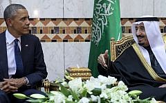 President Barack Obama meets with new Saudi Arabian King, Salman bin Abdul Aziz, at Erga Palace in Riyadh, Saudi Arabia, Tuesday, January 27, 2015 (photo credit: AP/Carolyn Kaster)