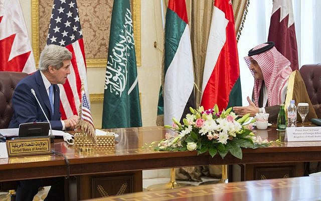 US Secretary of State John Kerry (left) talks with Saud bin Faisal bin Abdulaziz Al Saud (right), foreign minister of Saudi Arabia, during a meeting of Gulf foreign ministers at the Riyadh Air Base, Syria, March 5, 2015. (photo credit: AP/Evan Vucci) US Secretary of State John Kerry (left) talks with Saud bin Faisal bin Abdulaziz Al Saud (right), foreign minister of Saudi Arabia, during a meeting of Gulf foreign ministers at the Riyadh Air Base, Syria, March 5, 2015. (photo credit: AP/Evan Vucci)