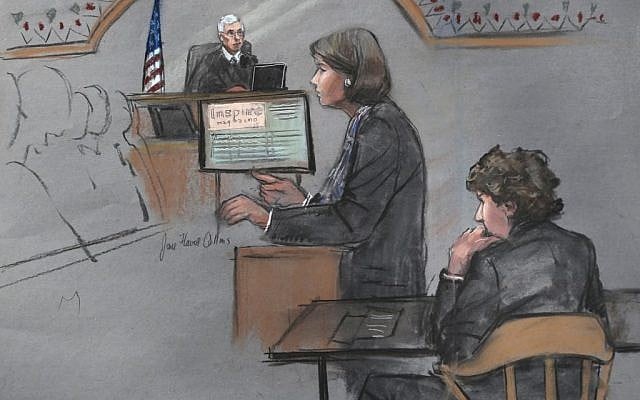 In this courtroom sketch, defense attorney Judy Clarke is depicted addressing the jury as defendant Dzhokhar Tsarnaev, right, sits during closing arguments in Tsarnaev's federal death penalty trial Monday, April 6, 2015, in Boston. (photo credit: AP/Jane Flavell Collins) In this courtroom sketch, defense attorney Judy Clarke is depicted addressing the jury as defendant Dzhokhar Tsarnaev, right, sits during closing arguments in Tsarnaev's federal death penalty trial Monday, April 6, 2015, in Boston. (photo credit: AP/Jane Flavell Collins)