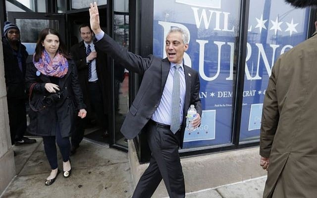 Chicago Mayor Rahm Emanuel waves to supporters as he leaves a campaign office Tuesday, April 7, 2015 in Chicago, as he and his opponent, Cook County Commissioner Jesus "Chuy" Garcia, rally supporters on the morning of the city's mayoral runoff election. (Photo credit: AP/M. Spencer Green) Chicago Mayor Rahm Emanuel waves to supporters as he leaves a campaign office Tuesday, April 7, 2015 in Chicago, as he and his opponent, Cook County Commissioner Jesus "Chuy" Garcia, rally supporters on the morning of the city's mayoral runoff election. (Photo credit: AP/M. Spencer Green)