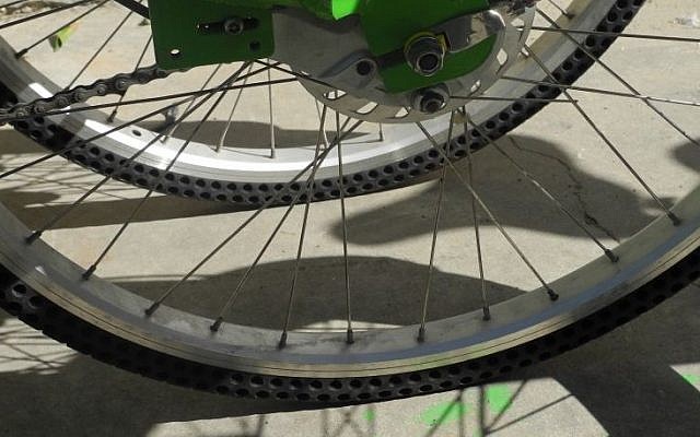 One of the prototypes of the airless tires that Tel-O-Fun is checking. The tires are more expensive but labor saved would be significant. (photo credit: Melanie Lidman/Times of Israel)