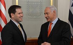 Prime Minister Benyamin Netanyahu (R) meets with US Sen. Marco Antonio Rubio (R-FL) in Jerusalem February 20, 2013. (photo credit: Amos Ben Gershom/GPO/FLASH90)
