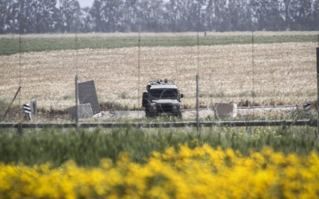 An Israeli military vehicle on standby near the border between Israel and the Gaza Strip on March 30, 2015 (Abed Rahim Khatib/Flash90) An Israeli military vehicle on standby near the border between Israel and the Gaza Strip on March 30, 2015 (Abed Rahim Khatib/Flash90)