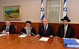 Prime Minister Benjamin Netanyahu (R) seen with Chief Sephardi Rabbi Yitzhak Yosef (2L) and Ashkenazi Chief Rabbi David Lau Jerusalem, during a ceremony to sell the hametz of the state of Israel to Arab Israelis before the upcoming Passover holiday. April 02, 2015. (photo credit: Haim Zach/GPO)