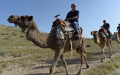Prime Minister Benjamin Netanyahu rides a camel as he tours southern Israel with his wife Sara (not seen) and their sons Yair and Avner, on April 8, 2015 during the Jewish holiday of Passover. (Photo credit: Amos Ben Gershom/GPO)