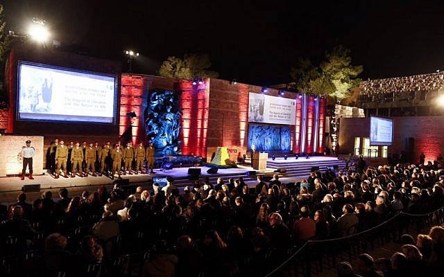 View of the ceremony at the Yad Vashem Holocaust Memorial Museum in Jerusalem, as Israel marks the annual Holocaust Remembrance Day. April 15, 2015. photo credit: Yonatan Sindel/Flash90) View of the ceremony at the Yad Vashem Holocaust Memorial Museum in Jerusalem, as Israel marks the annual Holocaust Remembrance Day. April 15, 2015. photo credit: Yonatan Sindel/Flash90)