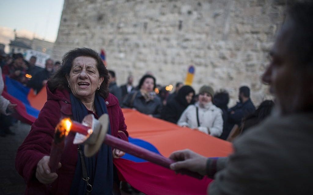 Armenians march with Armenian flags, signs, and torches from the Armenian Quarter of Old City to the Armenian Church in the German Colony, Jerusalem, as they mark the 100th anniversary of the Armenian Genocide, on April 23, 2015 (photo credit: Hadas Parush/Flash90) Armenians march with Armenian flags, signs, and torches from the Armenian Quarter of Old City to the Armenian Church in the German Colony, Jerusalem, as they mark the 100th anniversary of the Armenian Genocide, on April 23, 2015 (photo credit: Hadas Parush/Flash90)