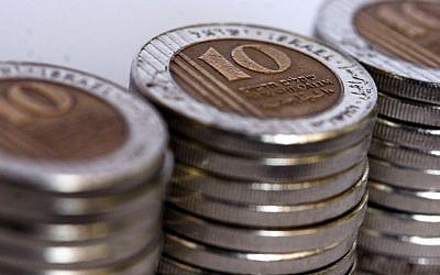 Illustrative photo of Israeli NIS 10 coins (photo credit: Orel Cohen/FLASH90)