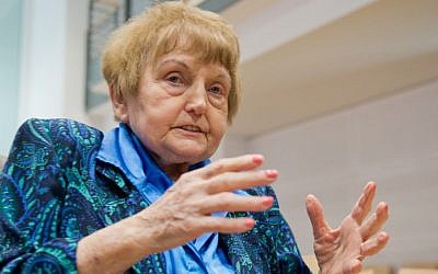 Auschwitz survivor Eva Kor sits in a court room in Lueneburg, northern Germany, Tuesday, April 21, 2015. (Photo credit: Julian Stratenschulte/Pool Photo via AP) 
