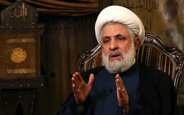 The deputy chief of Hezbollah, Sheikh Naim Kassem, speaks during an interview with the Associated Press, in the Shiite group’s stronghold in Beirut, Lebanon, on April 13, 2015. (photo credit: AP/Hussein Malla) The deputy chief of Hezbollah, Sheikh Naim Kassem, speaks during an interview with the Associated Press, in the Shiite group’s stronghold in Beirut, Lebanon, on April 13, 2015. (photo credit: AP/Hussein Malla)