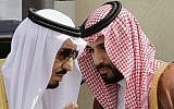 Saudi King Salman, left, speaks with his Crown Prince Mohammed bin Salman as they wait for Gulf Arab leaders ahead of the opening of a Gulf Cooperation Council summit, in Riyadh, Saudi Arabia in May 2012. (AP/Hassan Ammar)