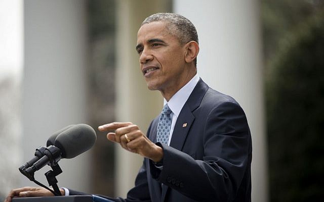 President Barack Obama speaks in the Rose Garden of the White House in Washington, Thursday, April 2, 2015. (photo credit: AP Photo/Pablo Martinez Monsivais) President Barack Obama speaks in the Rose Garden of the White House in Washington, Thursday, April 2, 2015. (photo credit: AP Photo/Pablo Martinez Monsivais)