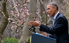 President Barack Obama speaks in the Rose Garden of the White House in Washington, DC, about the breakthrough in the Iranian nuclear talks, April 2, 2015. (photo credit: AP/J. David Ake)