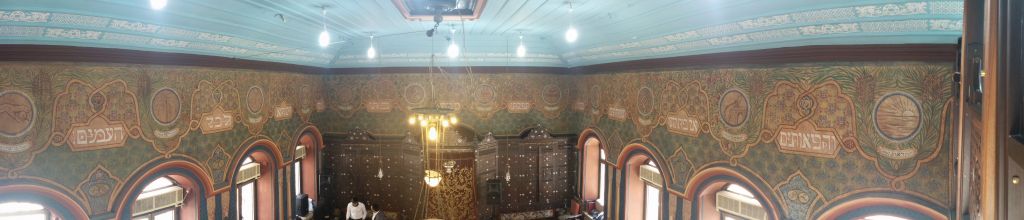 Panorama shot of the restored interior of the Ades Synagogue in Jerusalem (photo credit: Ilan Ben Zion/Times of Israel staff) Panorama shot of the restored interior of the Ades Synagogue in Jerusalem (photo credit: Ilan Ben Zion/Times of Israel staff)