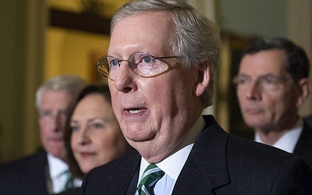Senate Majority Leader Mitch McConnell of Ky. speaks to reporters on Capitol Hill in Washington on March 17, 2015. (photo credit: AP/Molly Riley)