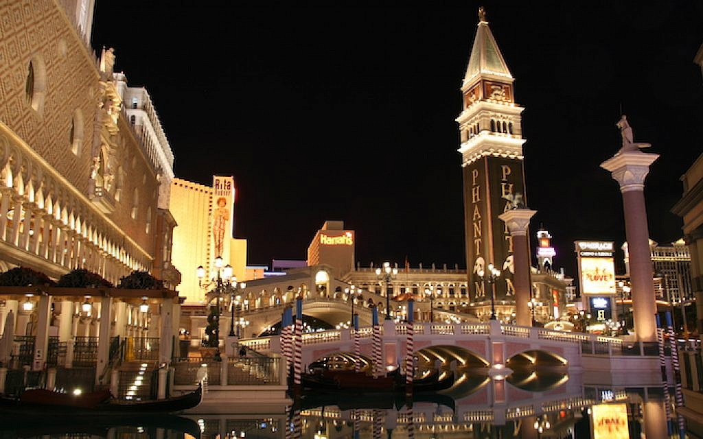 Sheldon Adelson’s Venetian hotel and casino in Las Vegas hosts the Republican Jewish Coalition convention. (photo credit: JTA/Wikimedia Commons)