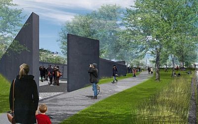 A depiction of the Memorial of Names, a Daniel Libeskind-designed project awaiting approval to be constructed in Amsterdam's Wertheim Park. The memorial would be the Netherlands' first to list the names of more than 102,000 Holocaust victims, including 220 Sinti and Roma (courtesy: Dutch Auschwitz Committee)