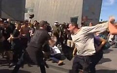 Anti-Islamization protesters and counter-protesters clash in Australia, April 4, 2015 (Photo credit: YouTube screen capture)