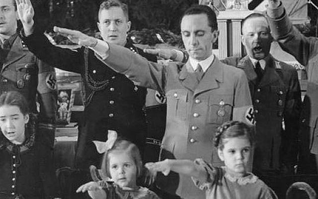 Illustrative: Joseph Goebbels with his daughters, Hilde (center) and Helga, at a Christmas celebration in Berlin, 1937 (JTA/German Federal Archives) Illustrative: Joseph Goebbels with his daughters, Hilde (center) and Helga, at a Christmas celebration in Berlin, 1937 (JTA/German Federal Archives)