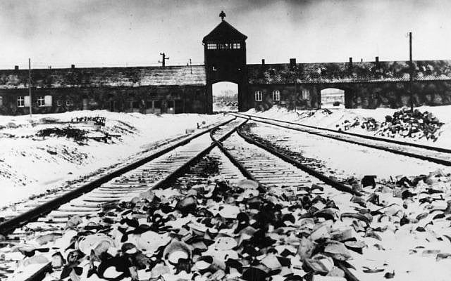 A February/March 1945 photo of the tracks leading to the  death camp (photo credit: AP Photo/ Stanislaw Mucha)