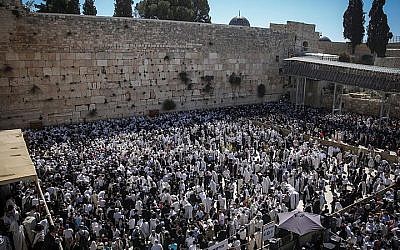 Jewish worshipers cover themselves with prayer shawls as they pray in front of the Western Wall in Jerusalem's Old City during the priestly blessing which commemorates the Israelites' hasty departure from Egypt. April 6, 2015. (Hadas Parush/Flash90)