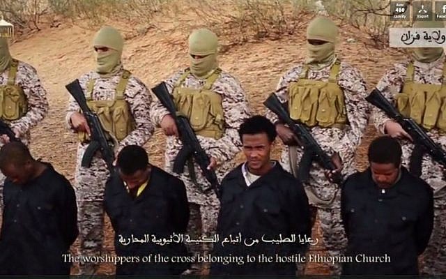 Islamic State fighters prepare to execute Coptic Christians in Libya, in a video released by the terror group's media arm, on Sunday, April 19 2015. (Screen capture: Dailymotion) Islamic State fighters prepare to execute Coptic Christians in Libya, in a video released by the terror group's media arm, on Sunday, April 19 2015. (Screen capture: Dailymotion)