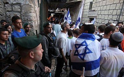 Israeli border police guard Jerusalem Day marchers as they walk through the Muslim Quarter of the Old City, June 1, 2011 (photo credit: Nati Shohat/Flash90)