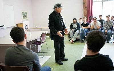 Holocaust survivor Nate Leipciger speaking to a class of students participating in the Facing History and Ourselves curriculum. (Courtesy of Facing History and Ourselves/JTA)