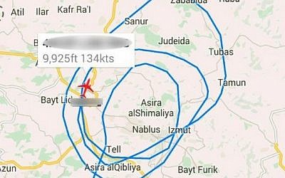 Flight tracking of a police aircraft, during a nighttime operation in which Israeli security forces arrested 29 suspected Hamas members (screen capture: planefinder.net)
