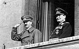 Adolf Hitler, left, and Hermann Goering on March 16, 1938. (photo credit: CC BY-SA/Bundesarchiv, Bild 183-2004-1202-504/Wikimedia)